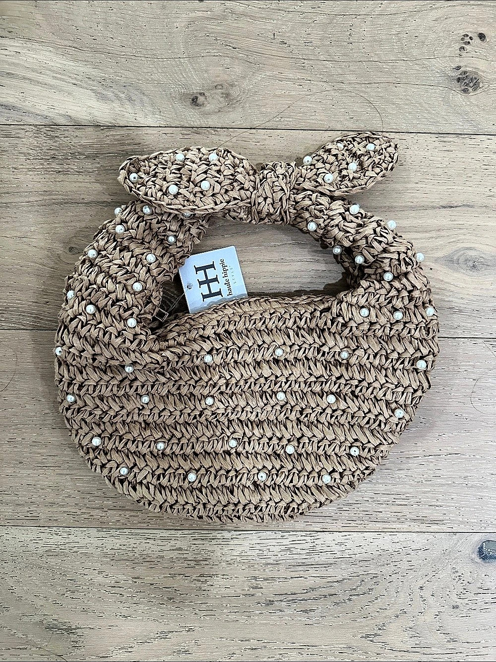 NWT haute hippie Woven Pearl Embellished Straw Woven Shoulder Bag in Natural